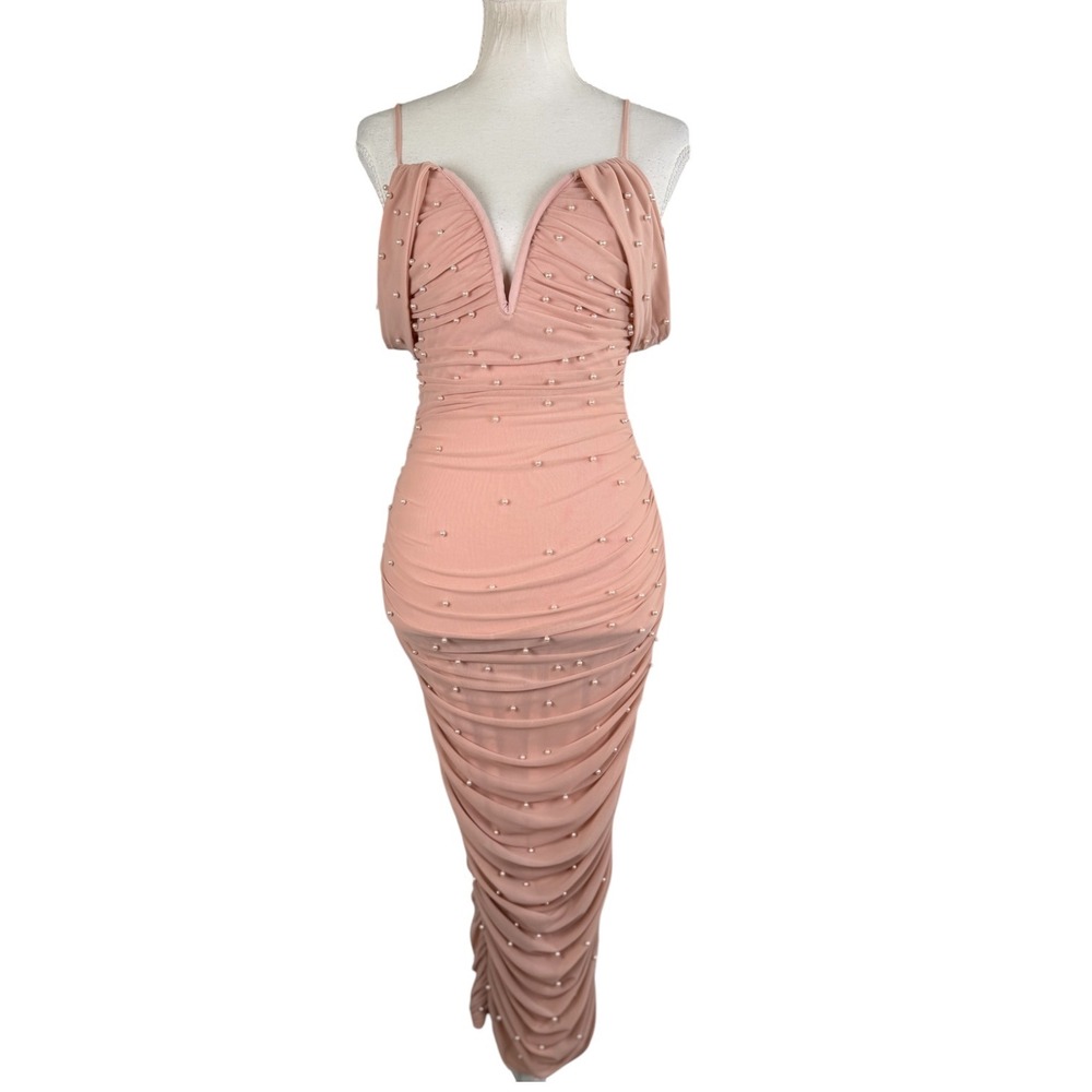 Privy Ruched Pearl Mesh Dress Womens Medium Pink Bodycon Formal Wedding Guest